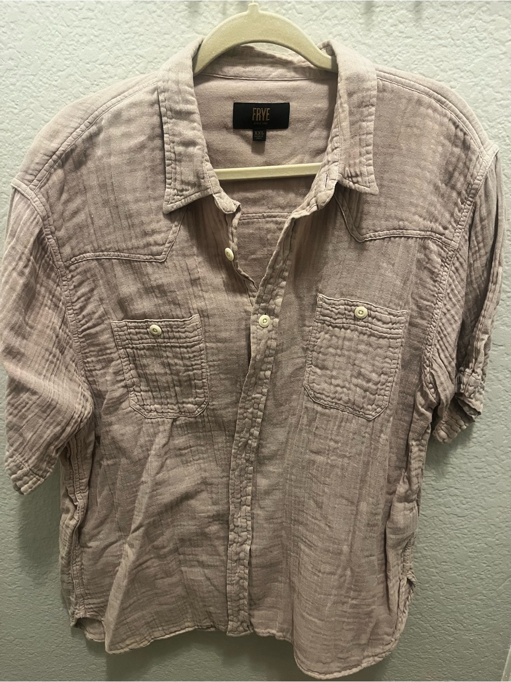 Frye Mens XXL Beige Gauze Cotton Short Sleeve Western Button Up Shirt